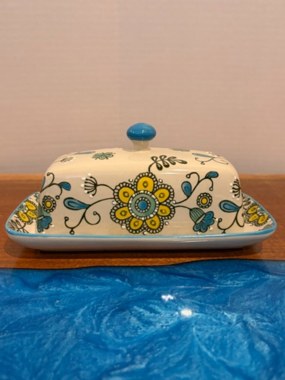 Royal Covered Butter Dish with Lid Blue Yellow Flowers with Raised Dots